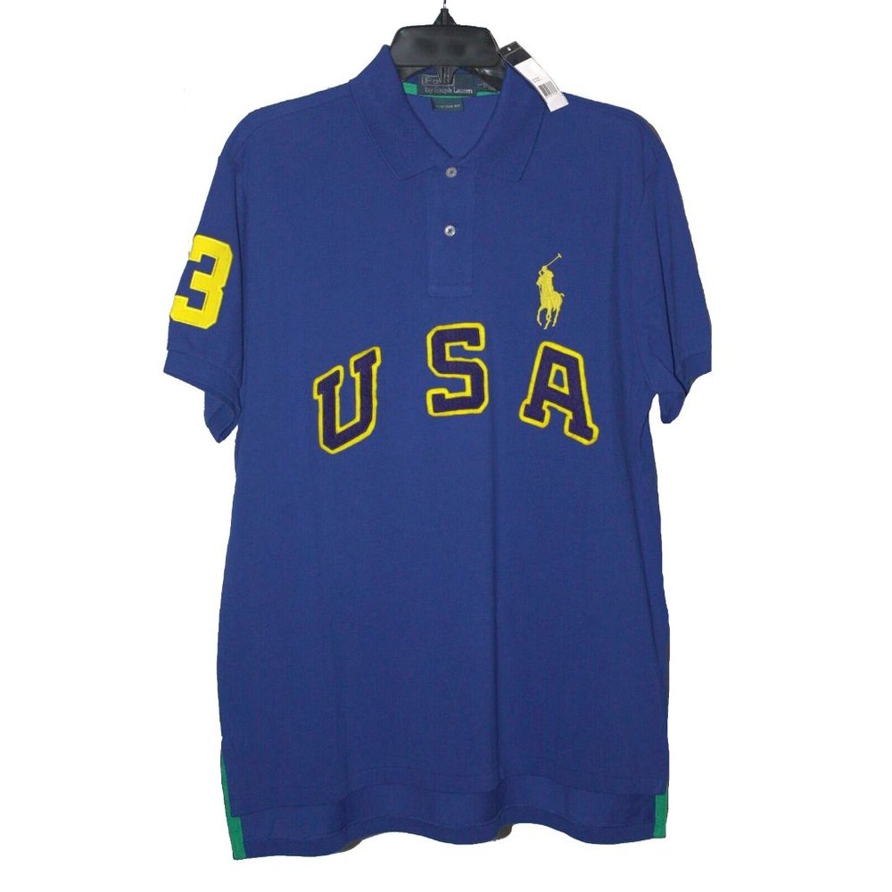 NEW Vintage Polo Ralph Lauren Shirt!  Royal Blue  Huge USA & Big Pony Custom Fit